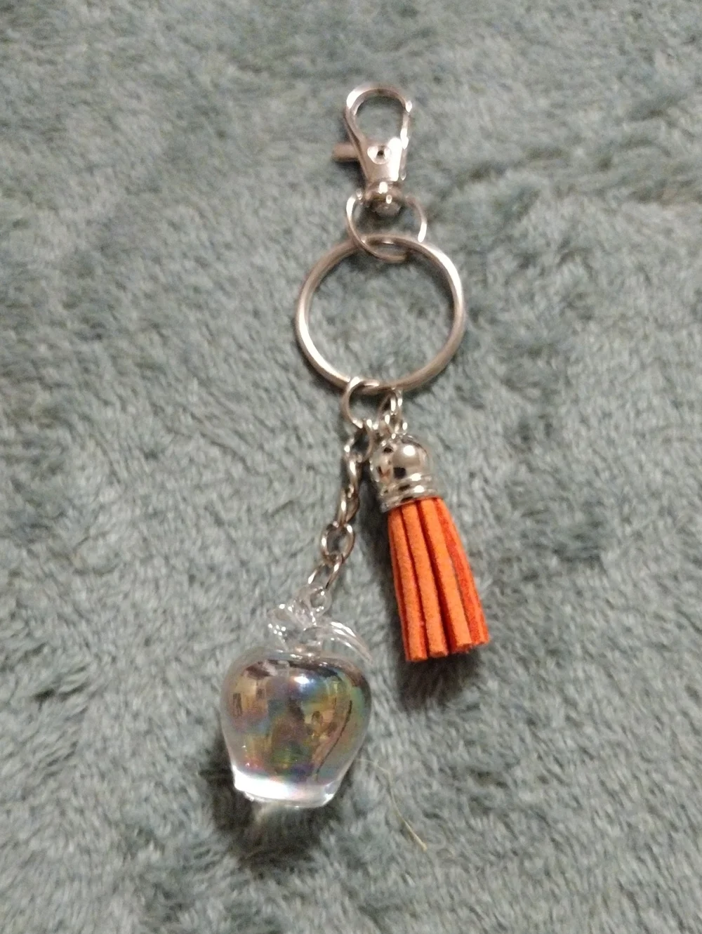 Clear Glass Apple Keychain with Orange Tassel